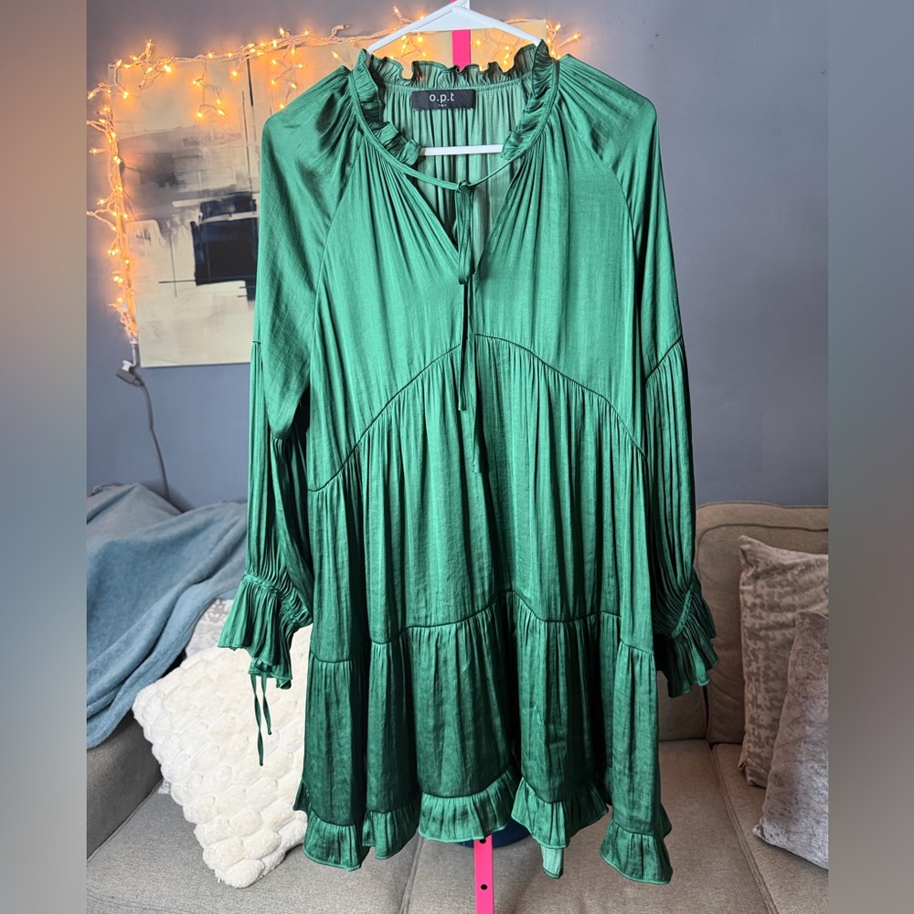 OPT Green Satin Boho Tunic Dress Ruffle Tiered Long Sleeve Size S